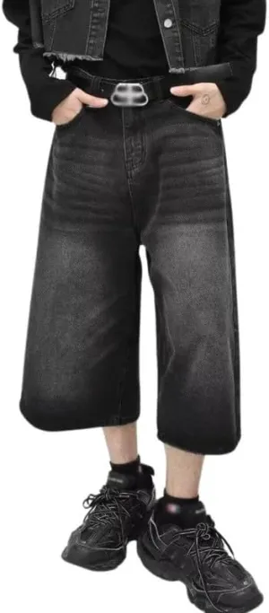 Mens Baggy Jeans Wide Leg Cropped Pants for Women High Waisted Hip Hop Summer Relaxed Fit Pants Emo Streetwear 