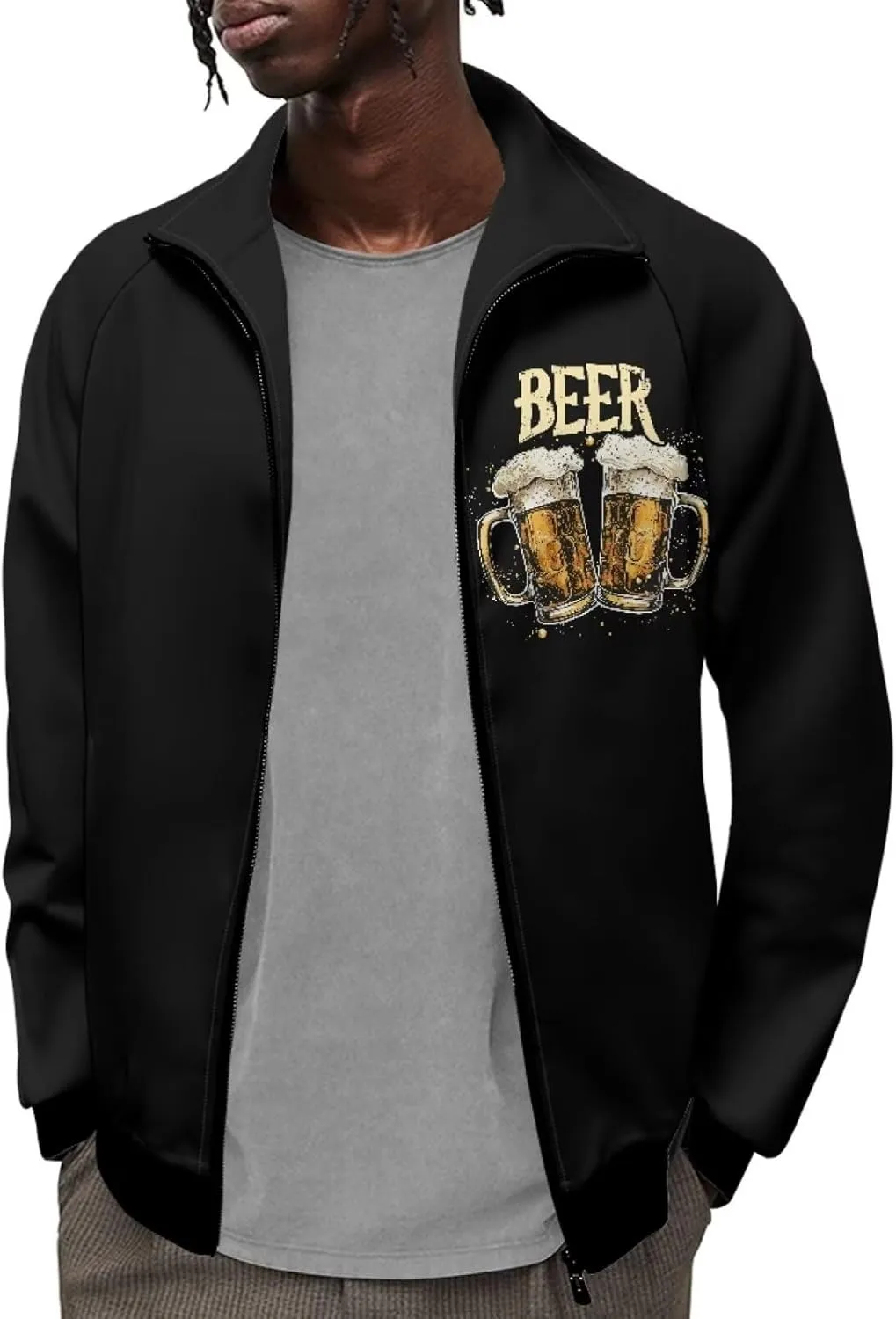Mens Casual Jacket Long Sleeve Zipper Sweatshirt Loose Fit Stand Collar Hoodie Coat Winter Outfit Comfy Streetwear