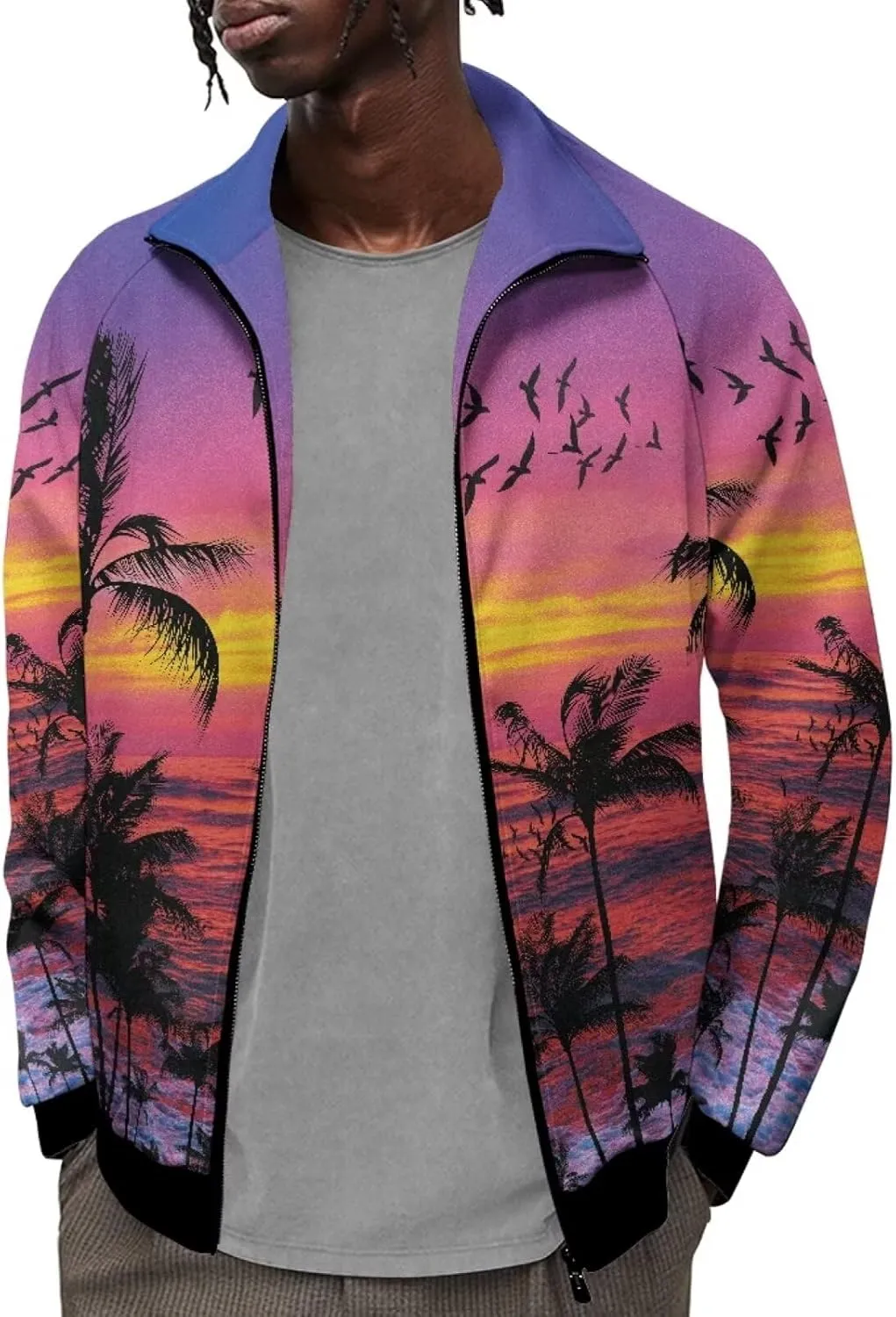 Mens Casual Jacket Long Sleeve Zipper Sweatshirt Loose Fit Stand Collar Hoodie Coat Winter Outfit Comfy Streetwear