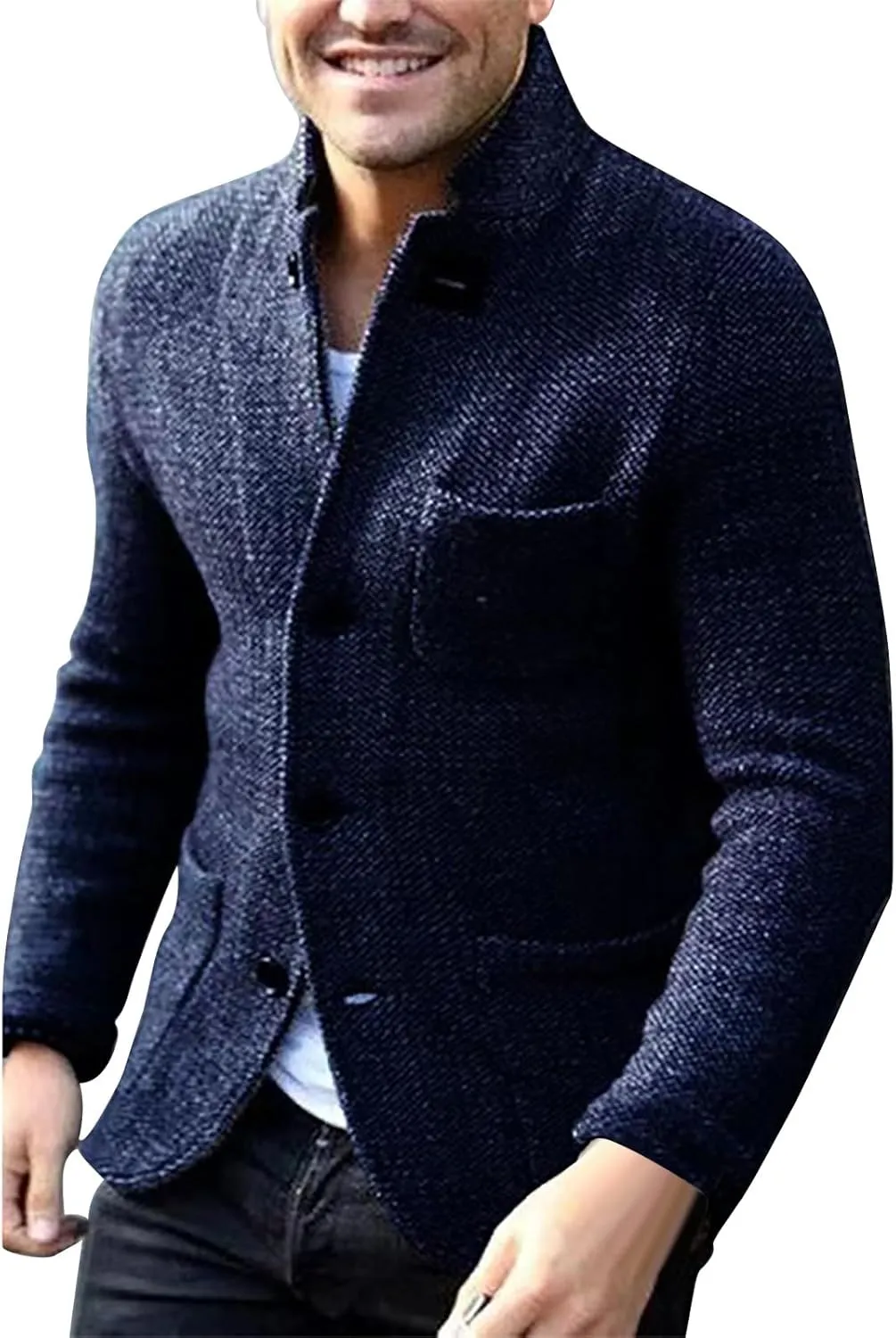 Men's Casual Stand Collar Cardigan Long Sleeve Button Down Cable Knitted Sweater Warm Winter Sweater with Pockets