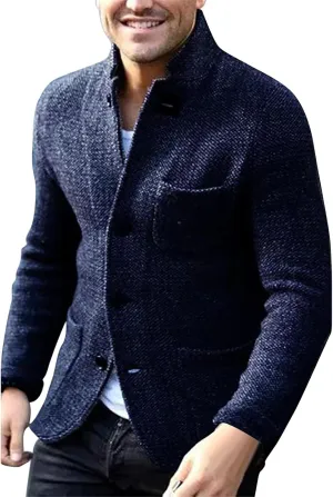 Men's Casual Stand Collar Cardigan Long Sleeve Button Down Cable Knitted Sweater Warm Winter Sweater with Pockets