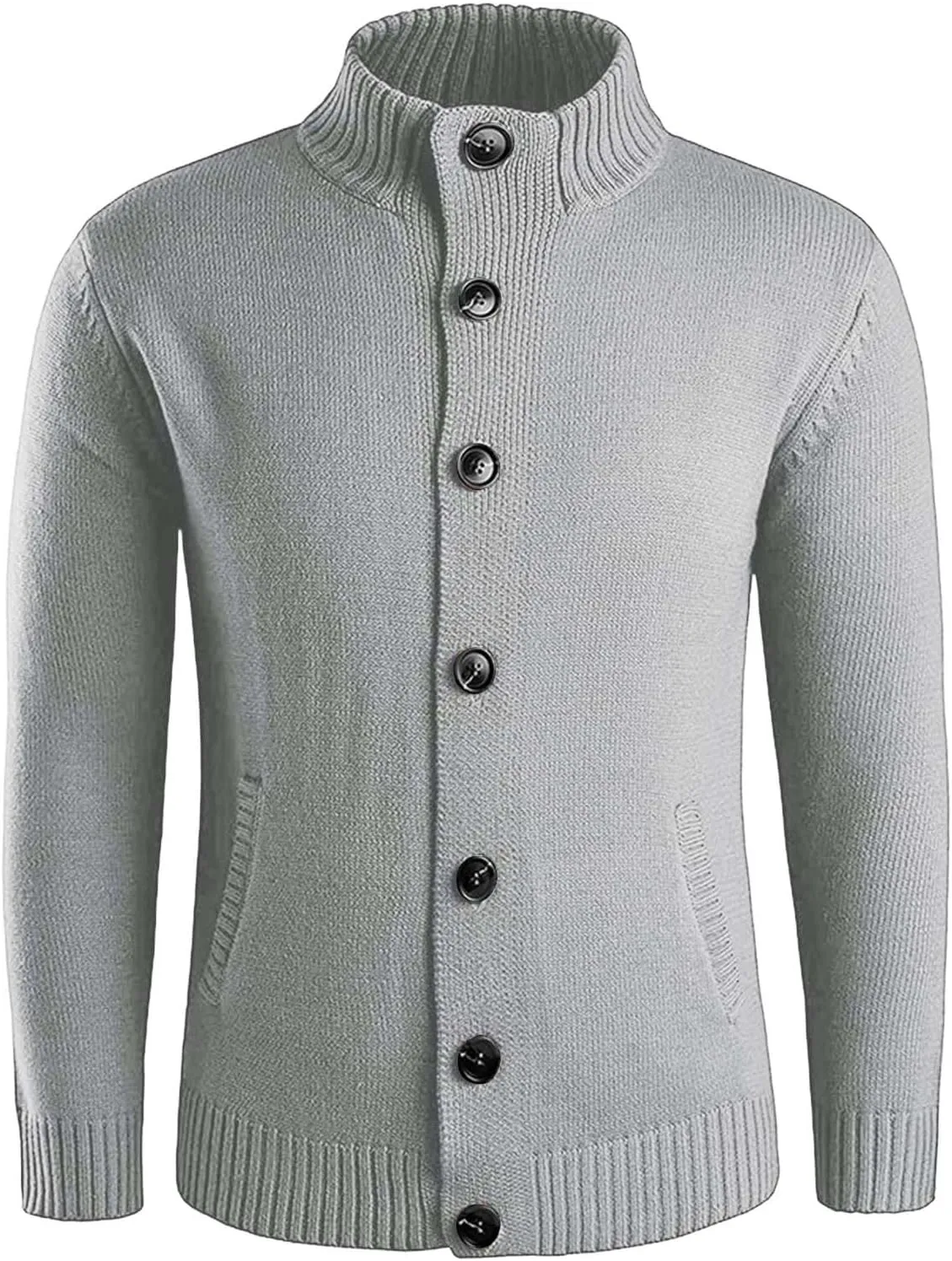 Men's Casual Stand Collar Cardigan Warm Button Solid Color Slim Fit Sweater Fall Winter Clothes with Pockets