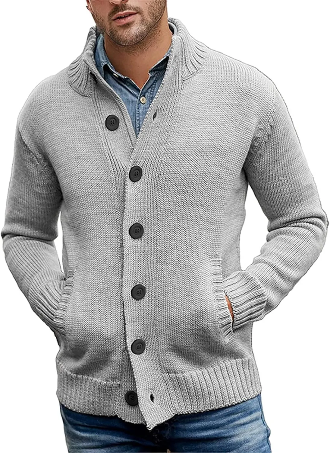 Men's Casual Stand Collar Cardigan Warm Button Solid Color Slim Fit Sweater Fall Winter Clothes with Pockets