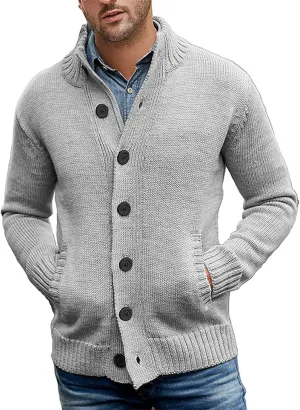 Men's Casual Stand Collar Cardigan Warm Button Solid Color Slim Fit Sweater Fall Winter Clothes with Pockets