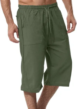 Men's Cotton Linen Capri Pants Drawstring 3/4 Long Shorts for Men Lightweight Elastic Waist Casual Yoga Pant