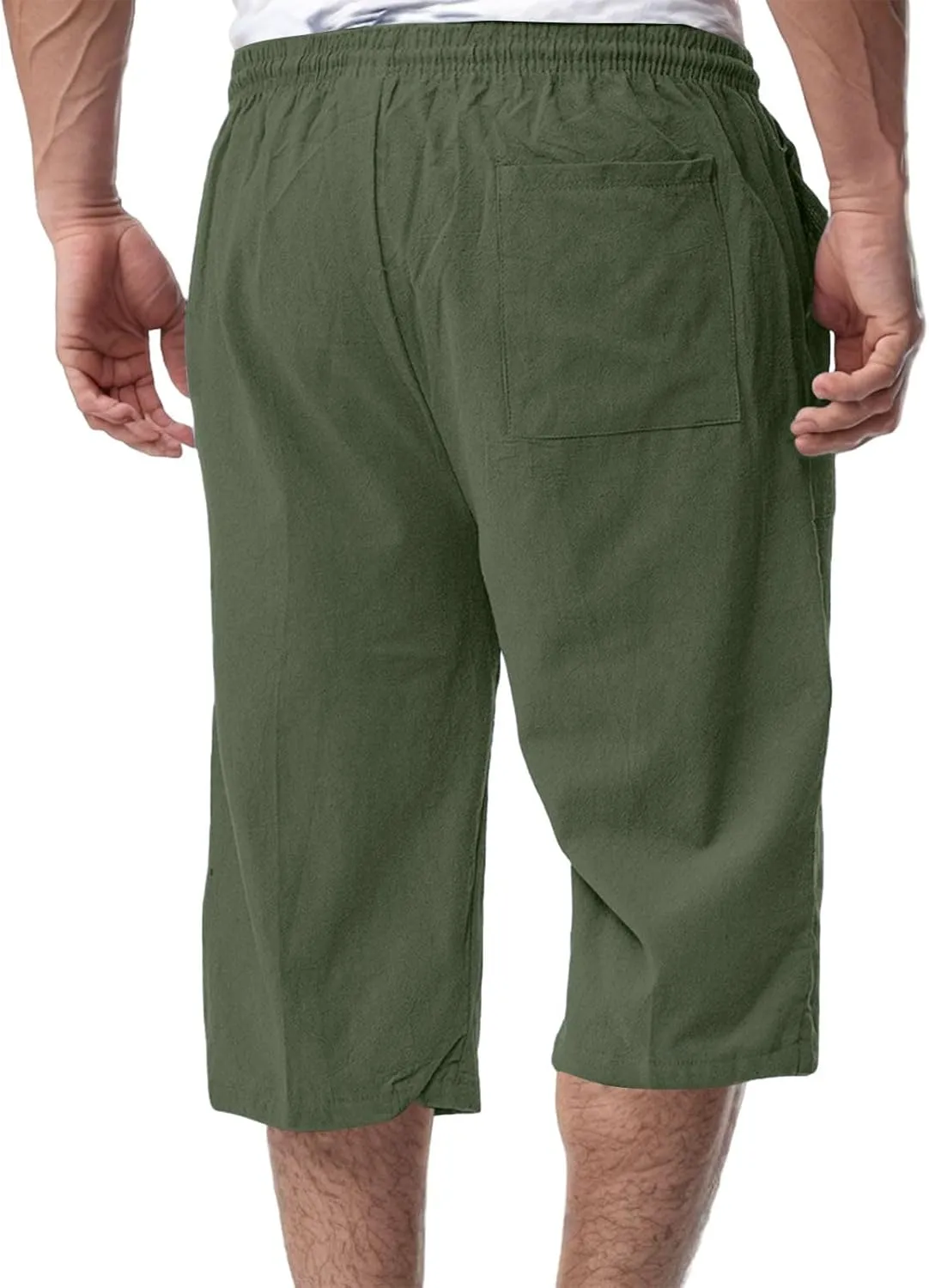 Men's Cotton Linen Capri Pants Drawstring 3/4 Long Shorts for Men Lightweight Elastic Waist Casual Yoga Pant