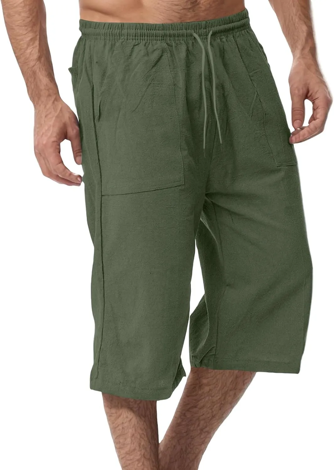 Men's Cotton Linen Capri Pants Drawstring 3/4 Long Shorts for Men Lightweight Elastic Waist Casual Yoga Pant