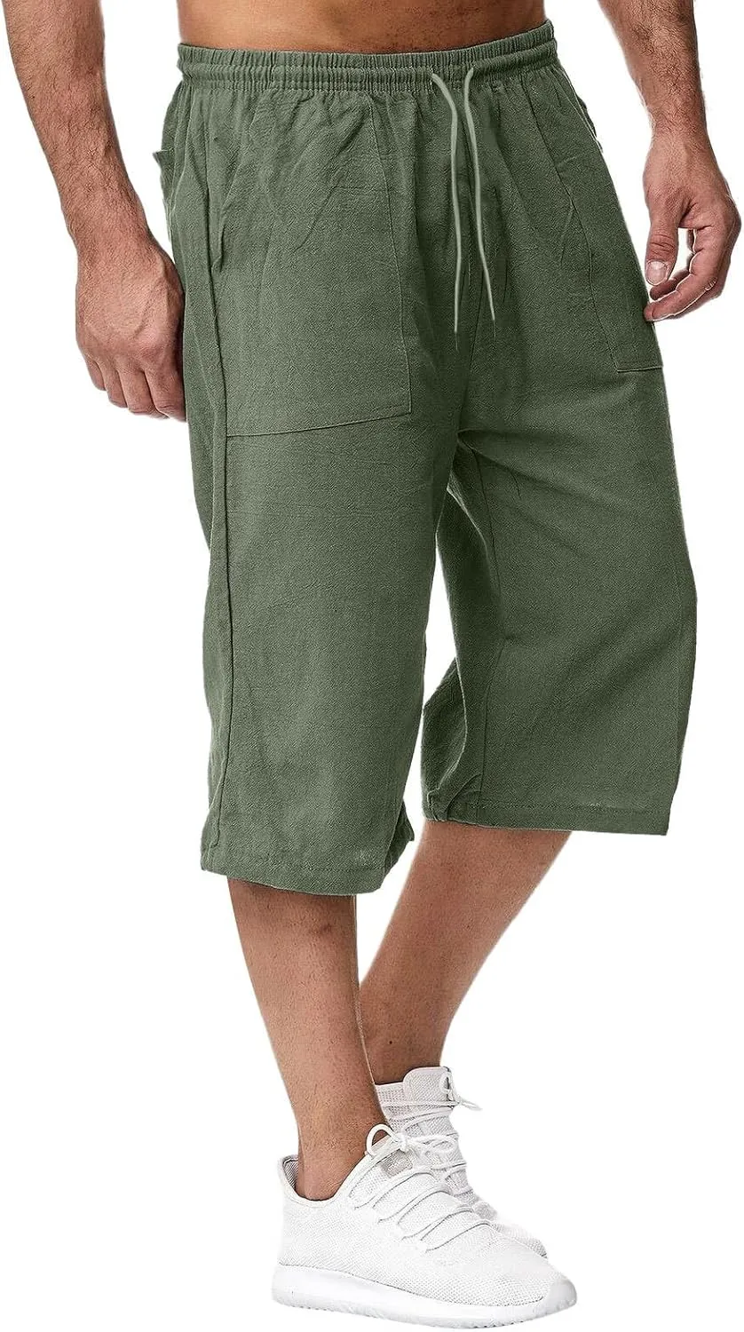 Men's Cotton Linen Capri Pants Drawstring 3/4 Long Shorts for Men Lightweight Elastic Waist Casual Yoga Pant
