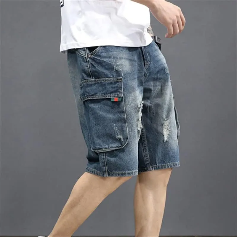 Men's Denim Cargo Shorts Straight Fit Work Shorts Multi-Pockets Ripped Distressed Mid-Waist Summer Shorts & Jeans