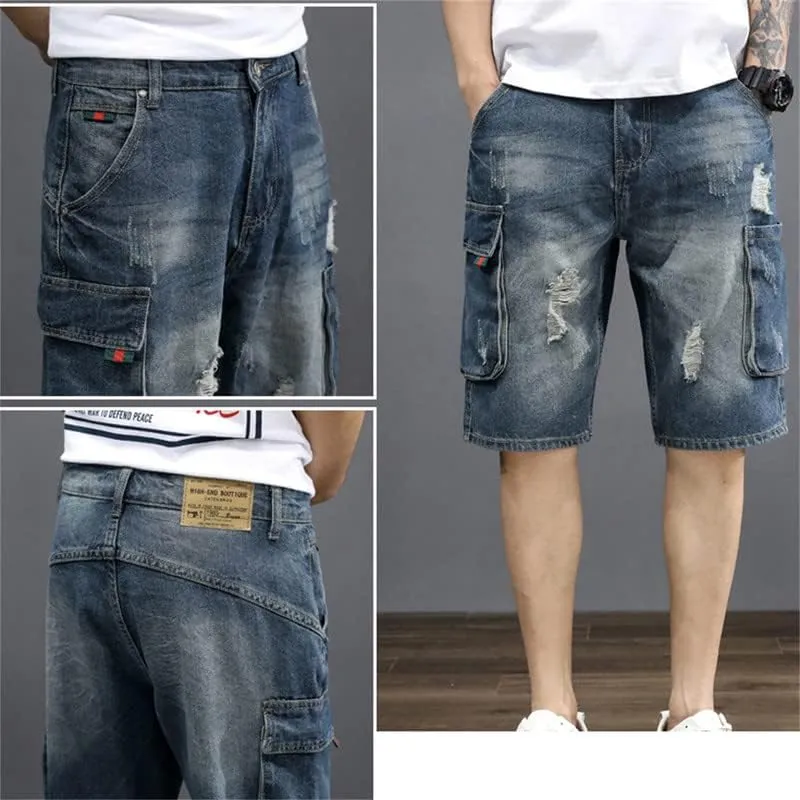 Men's Denim Cargo Shorts Straight Fit Work Shorts Multi-Pockets Ripped Distressed Mid-Waist Summer Shorts & Jeans