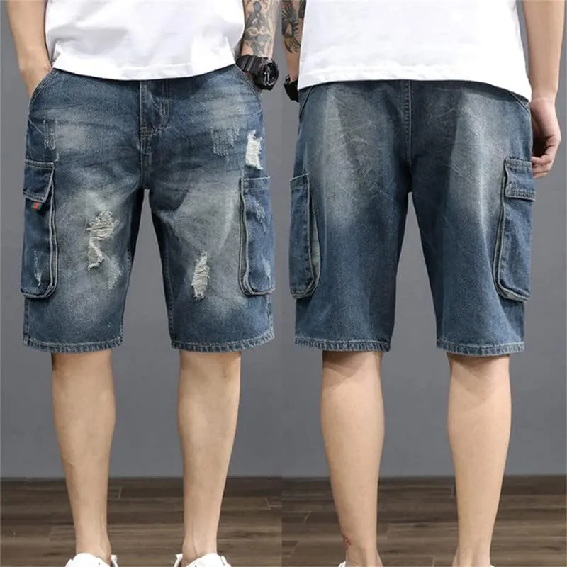 Men's Denim Cargo Shorts Straight Fit Work Shorts Multi-Pockets Ripped Distressed Mid-Waist Summer Shorts & Jeans