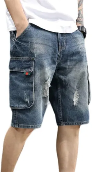 Men's Denim Cargo Shorts Straight Fit Work Shorts Multi-Pockets Ripped Distressed Mid-Waist Summer Shorts & Jeans