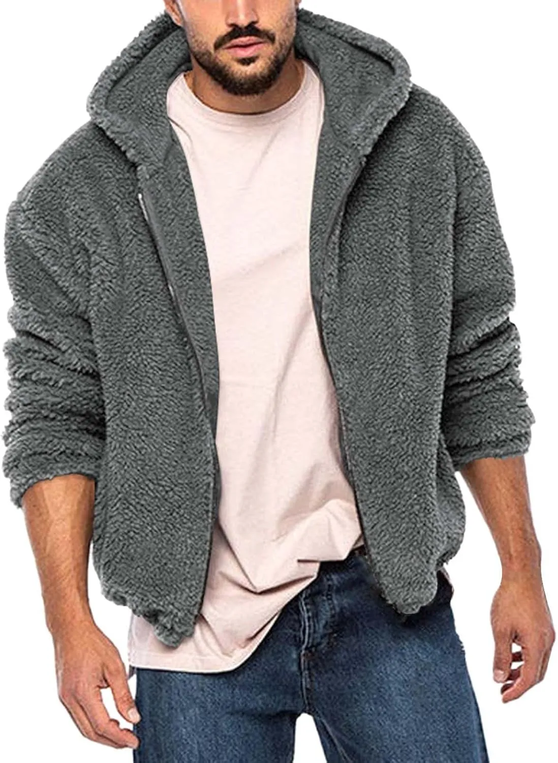 Mens Fluffy Fuzzy Sherpa Jacket Fleece Long Sleeve Full Zip Open Front Solid Color Thermal Coat Fall Winter Outwear