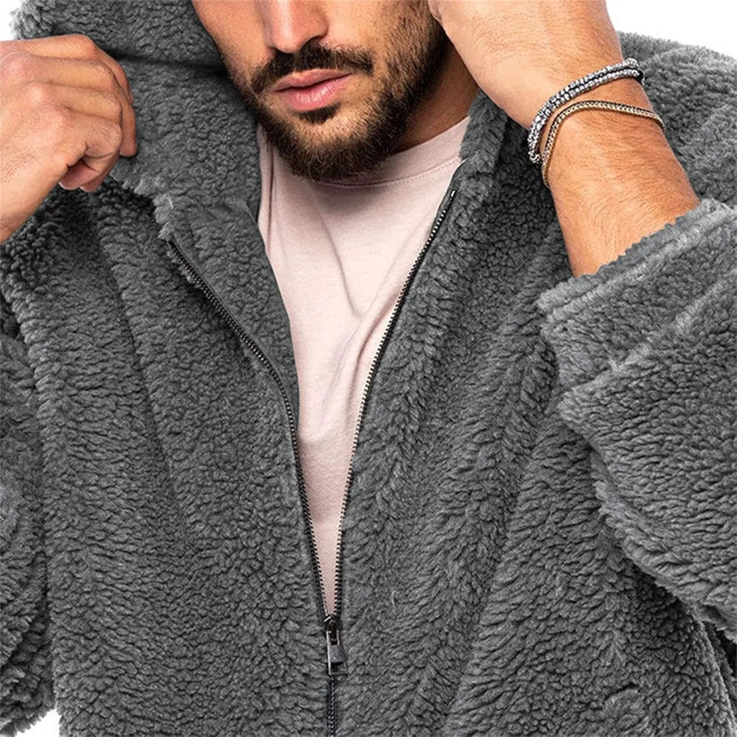 Mens Fluffy Fuzzy Sherpa Jacket Fleece Long Sleeve Full Zip Open Front Solid Color Thermal Coat Fall Winter Outwear