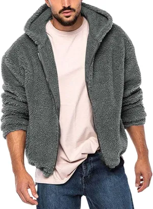 Mens Fluffy Fuzzy Sherpa Jacket Fleece Long Sleeve Full Zip Open Front Solid Color Thermal Coat Fall Winter Outwear