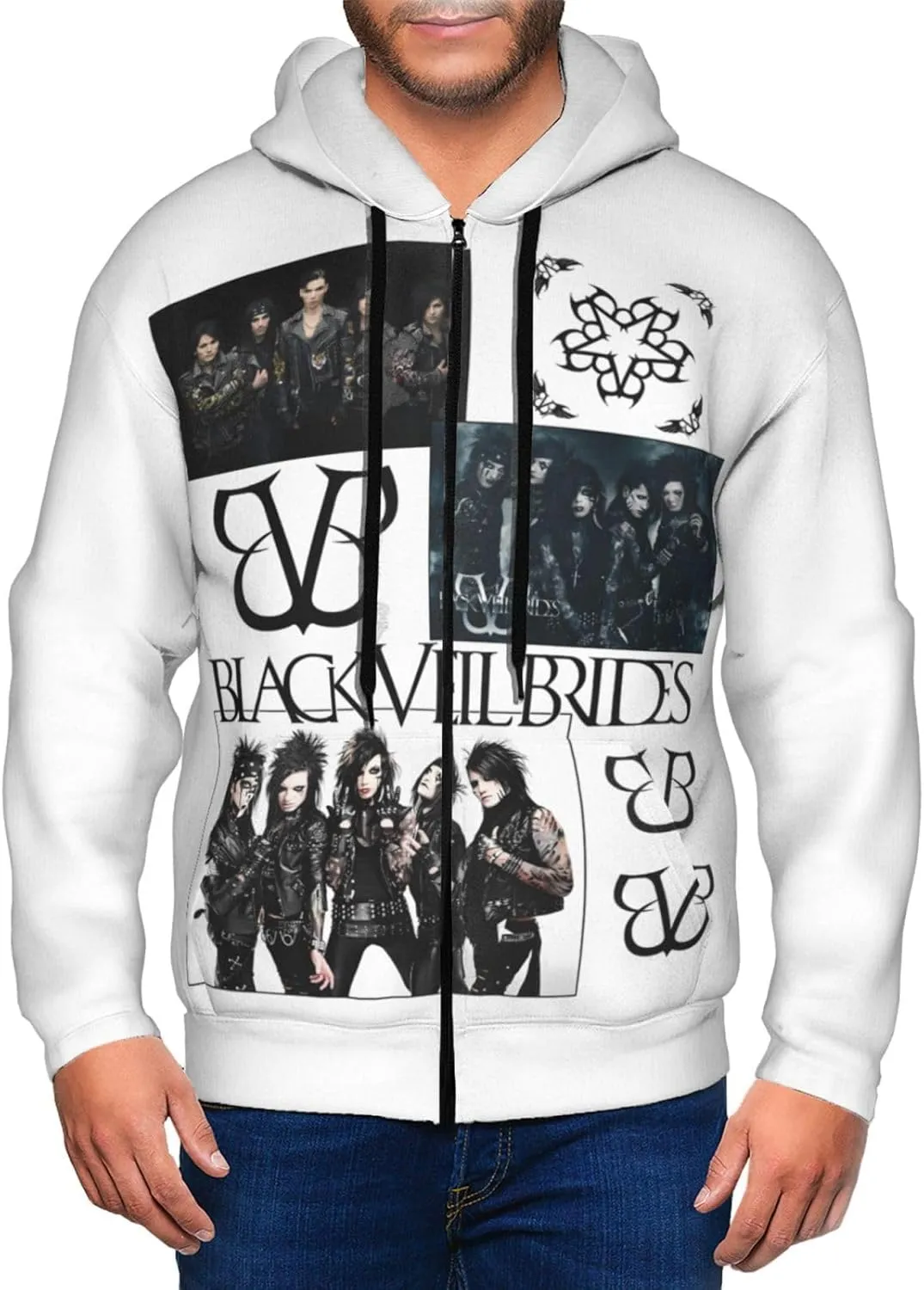 Mens Hoodie Black Music Veil Band Brides Fashion Full Zip Hooded Long Sleeve Zipper Sweatshirt