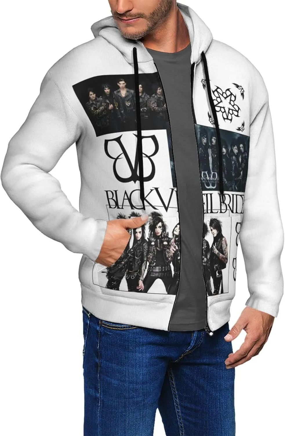 Mens Hoodie Black Music Veil Band Brides Fashion Full Zip Hooded Long Sleeve Zipper Sweatshirt
