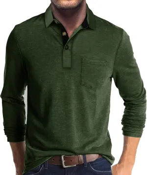 Mens Long Sleeve Polo Shirts Casual Fashion Button Up Collared Golf T Shirts with Pocket