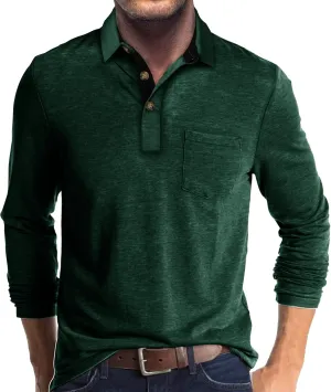 Mens Long Sleeve Polo Shirts Casual Fashion Button Up Collared Golf T Shirts with Pocket