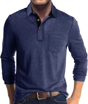 Mens Long Sleeve Polo Shirts Casual Fashion Button Up Collared Golf T Shirts with Pocket
