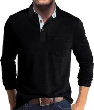 Mens Long Sleeve Polo Shirts Casual Fashion Button Up Collared Golf T Shirts with Pocket