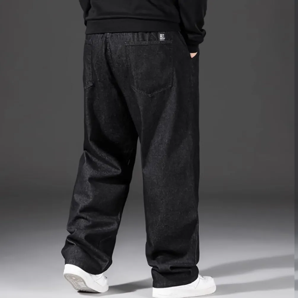 Mens Loose Fit Straight Leg Denim Pants Elastic Waist Stretch Jeans