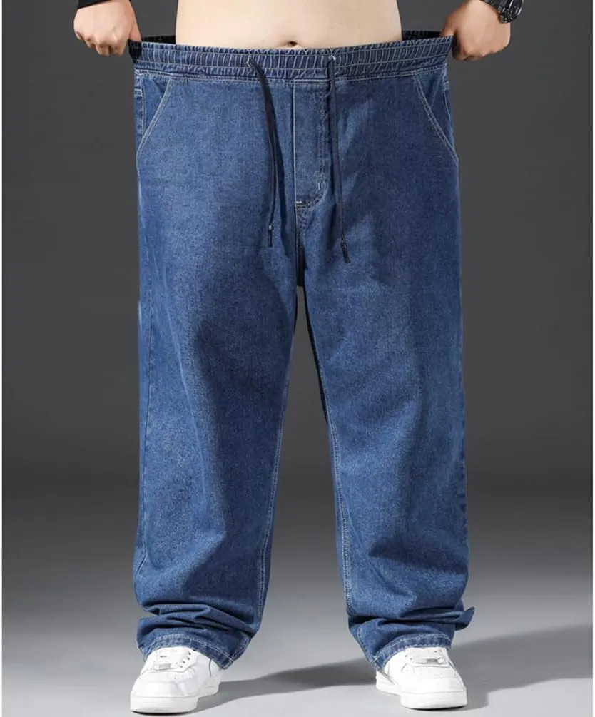 Mens Loose Fit Straight Leg Denim Pants Elastic Waist Stretch Jeans