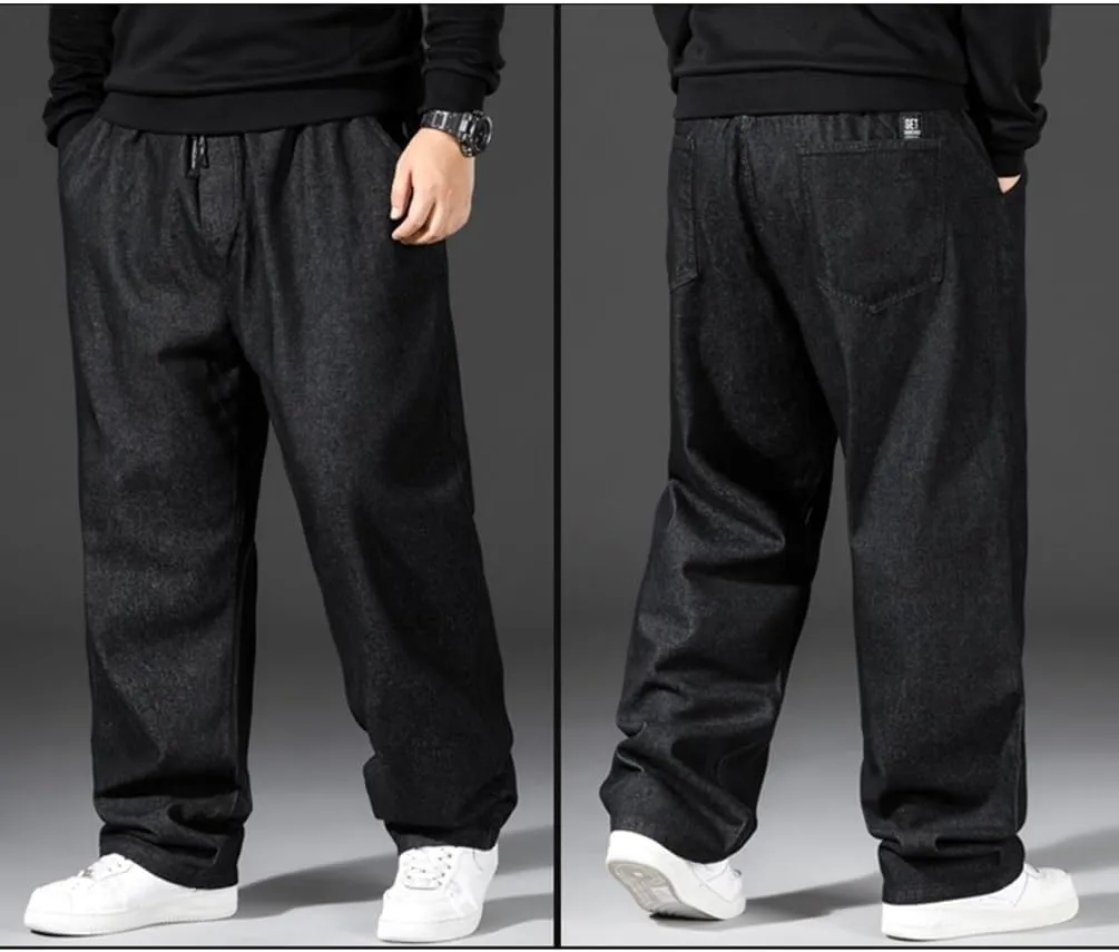 Mens Loose Fit Straight Leg Denim Pants Elastic Waist Stretch Jeans