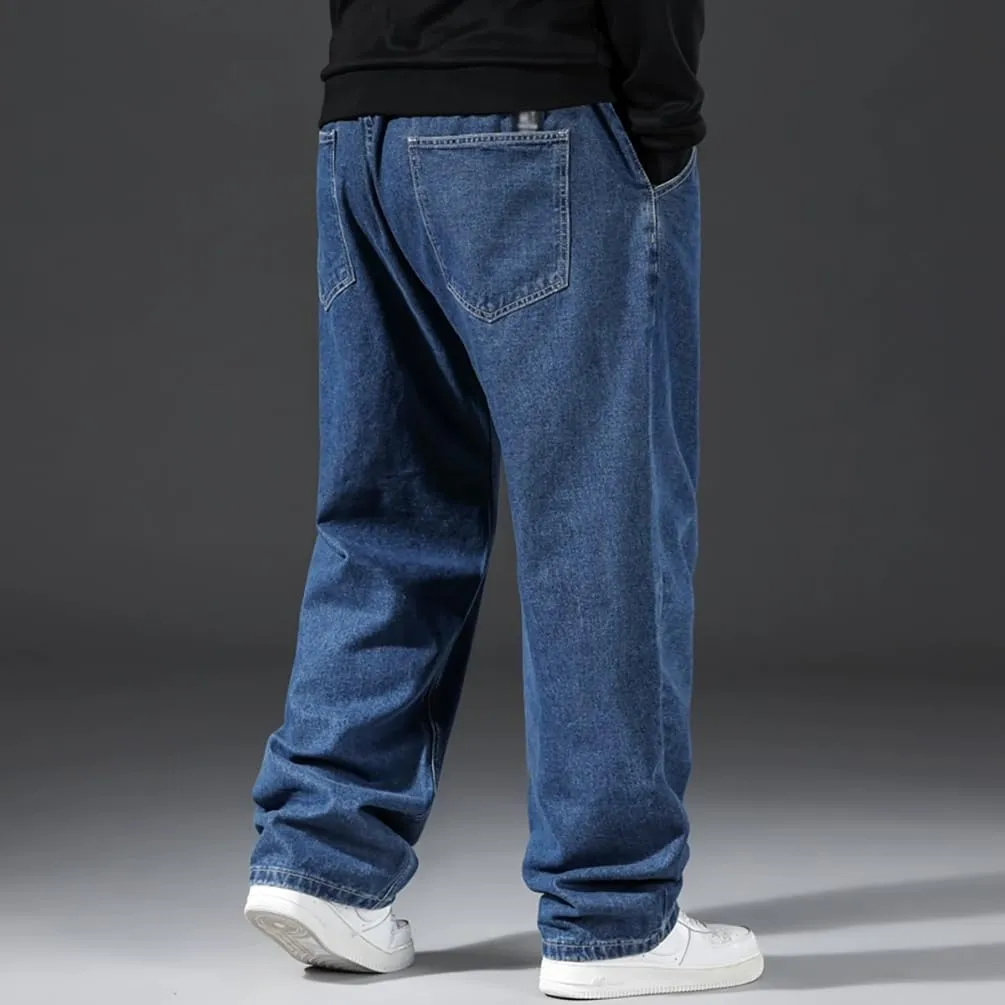Mens Loose Fit Straight Leg Denim Pants Elastic Waist Stretch Jeans