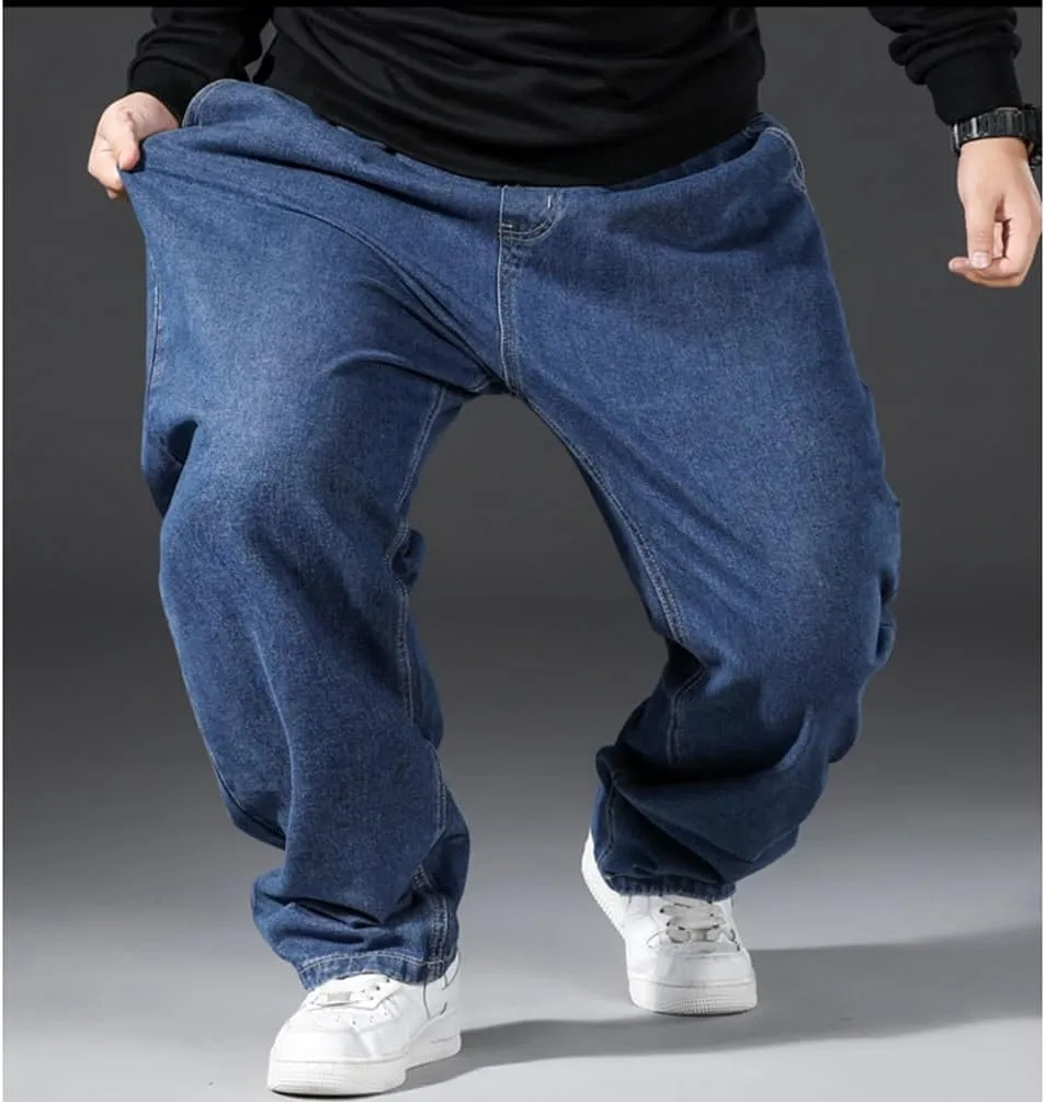 Mens Loose Fit Straight Leg Denim Pants Elastic Waist Stretch Jeans