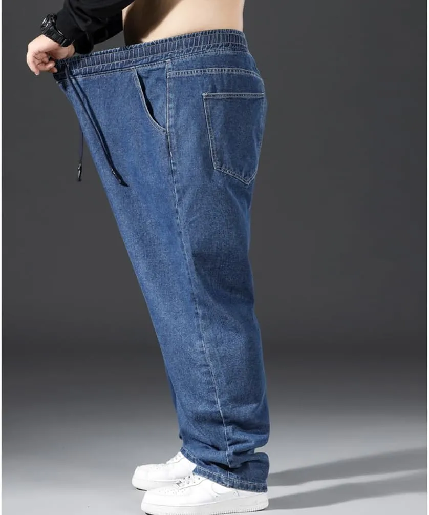 Mens Loose Fit Straight Leg Denim Pants Elastic Waist Stretch Jeans