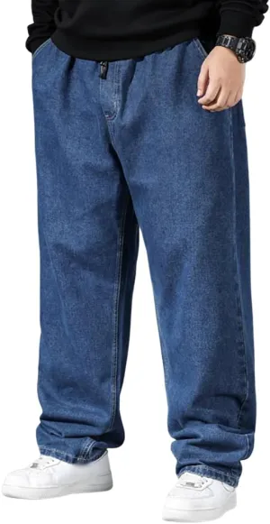 Mens Loose Fit Straight Leg Denim Pants Elastic Waist Stretch Jeans