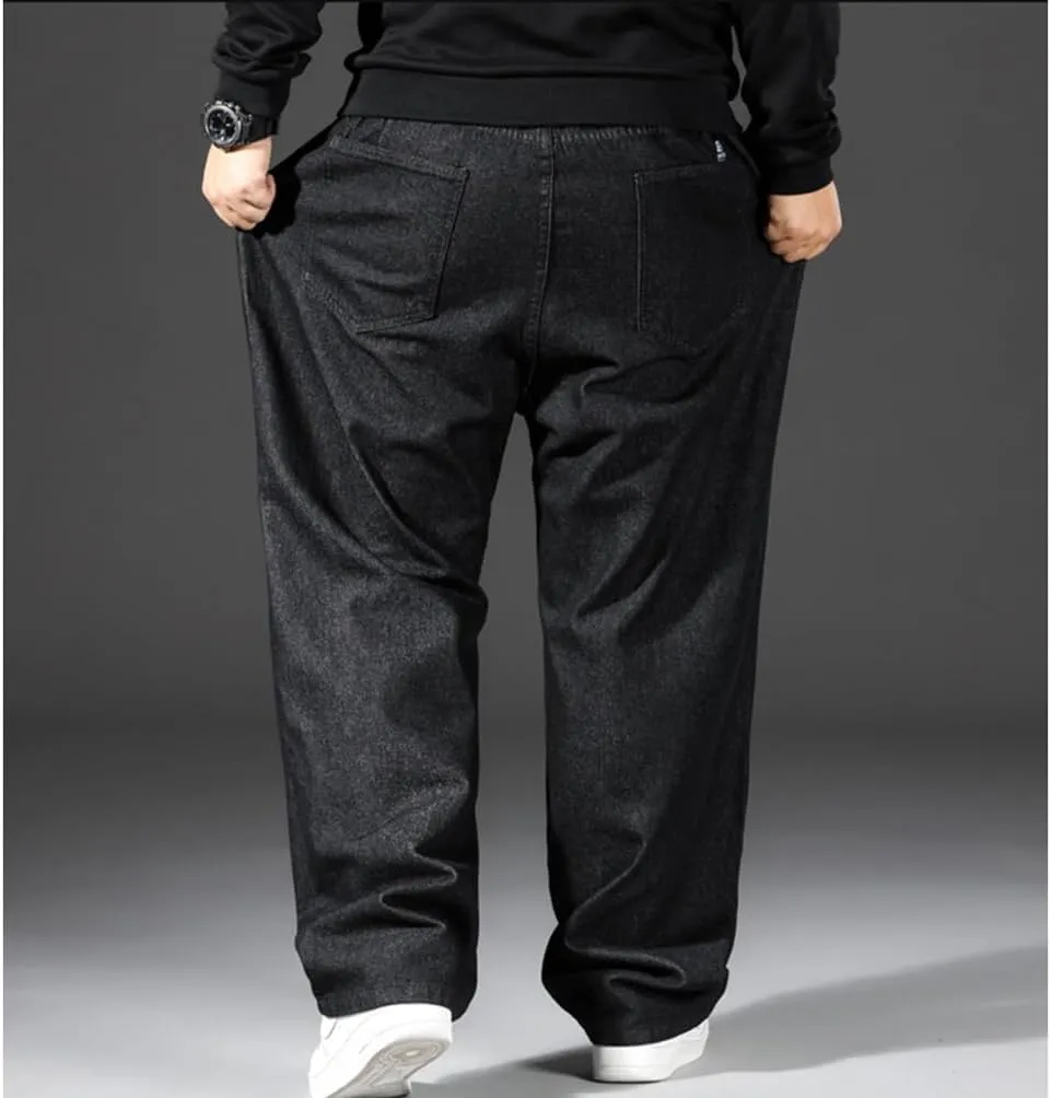 Mens Loose Fit Straight Leg Denim Pants Elastic Waist Stretch Jeans