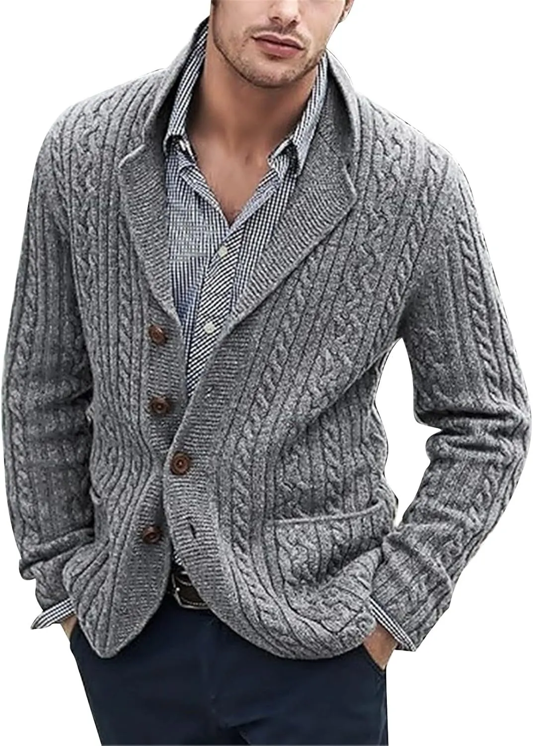 Men's Shawl Collar Cardigan Sweater Slim Fit Button Cable Knitted Chunky Long Sleeve Winter Sweater with Pockets
