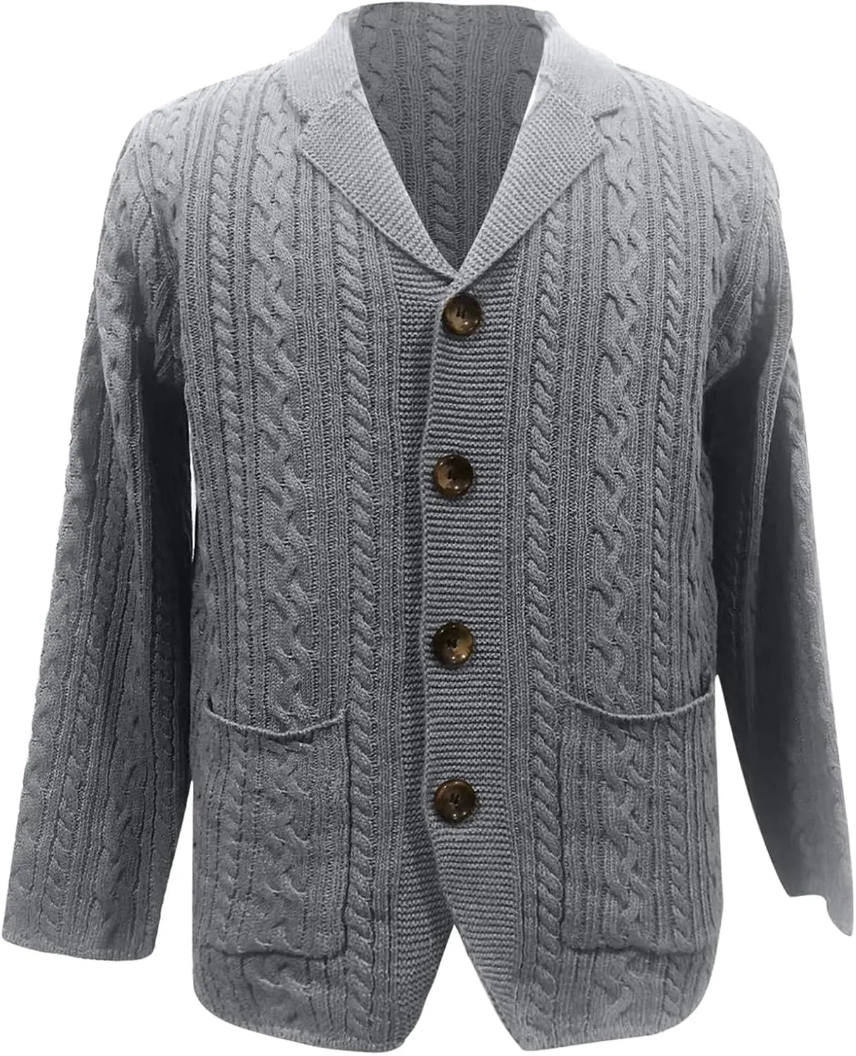 Men's Shawl Collar Cardigan Sweater Slim Fit Button Cable Knitted Chunky Long Sleeve Winter Sweater with Pockets