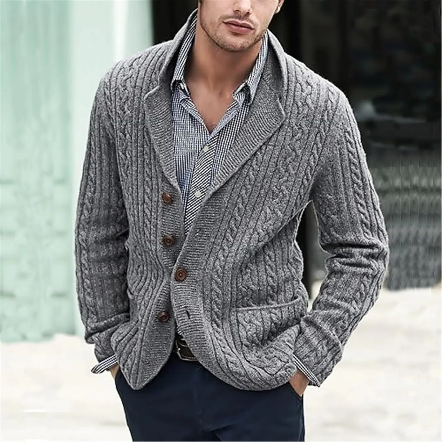Men's Shawl Collar Cardigan Sweater Slim Fit Button Cable Knitted Chunky Long Sleeve Winter Sweater with Pockets