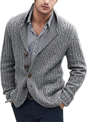 Men's Shawl Collar Cardigan Sweater Slim Fit Button Cable Knitted Chunky Long Sleeve Winter Sweater with Pockets