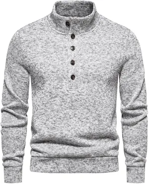 Men's Stand Collar Knit Sweater Henley Quarter Button Pullover Knit Long Sleeve Slim Fit Thermal Outdoor Sweater