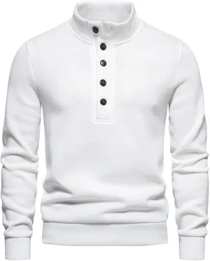 Men's Stand Collar Knit Sweater Henley Quarter Button Pullover Knit Long Sleeve Slim Fit Thermal Outdoor Sweater