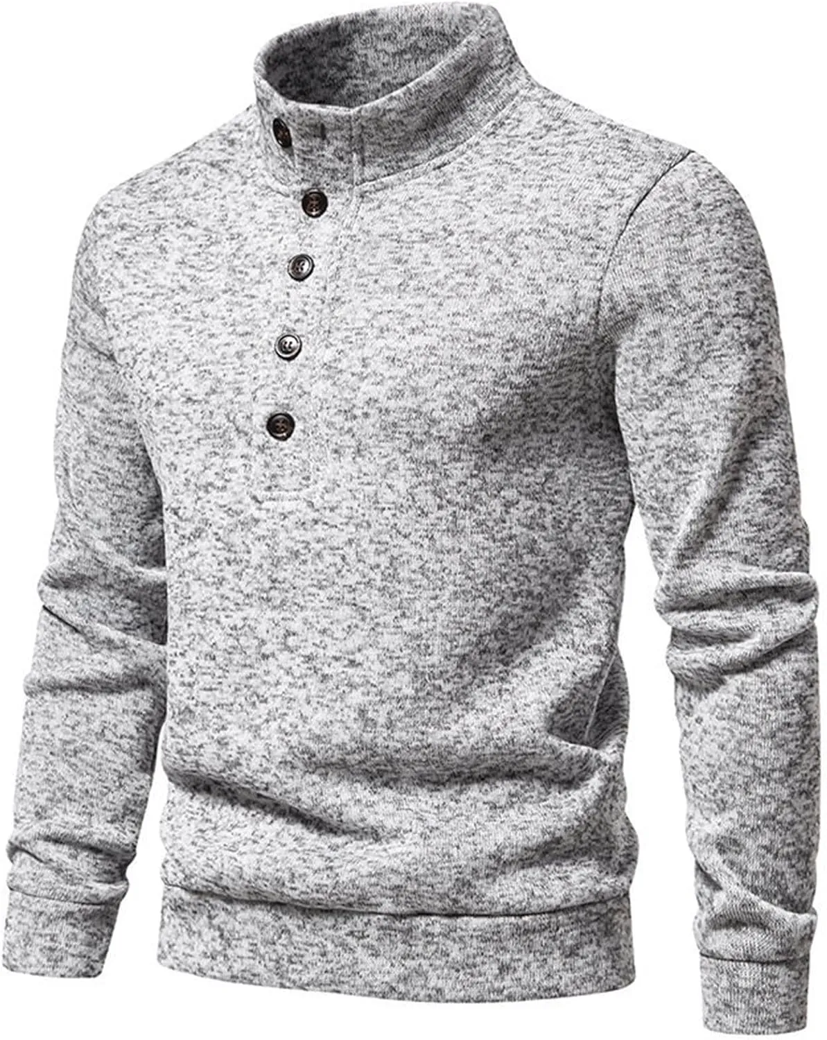 Men's Stand Collar Knit Sweater Henley Quarter Button Pullover Knit Long Sleeve Slim Fit Thermal Outdoor Sweater