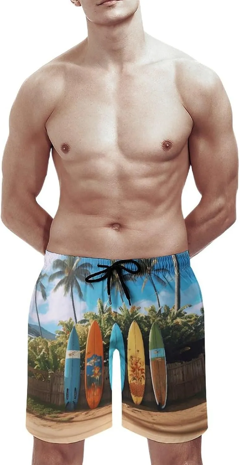 Men's Surf's Up Surfboard Swim Trunks, Quick-Dry Beach Shorts, Bathing Suit with Mesh Lining and Pocket