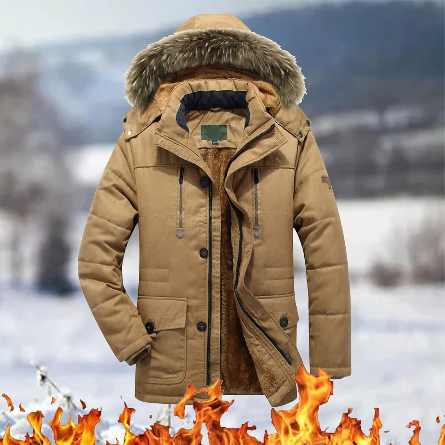 Men's Thicken Warm Winter Coat with Hood Faux-Fur Trim Mountain Ski Snowboard Jacket Windbreaker Coat Outerwear