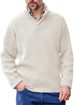 Men's V Neck Cable Knit Mock Neck Loose Fit Pullover Sweater Solid Color Winter Warm Comfortable Sweater Outwear