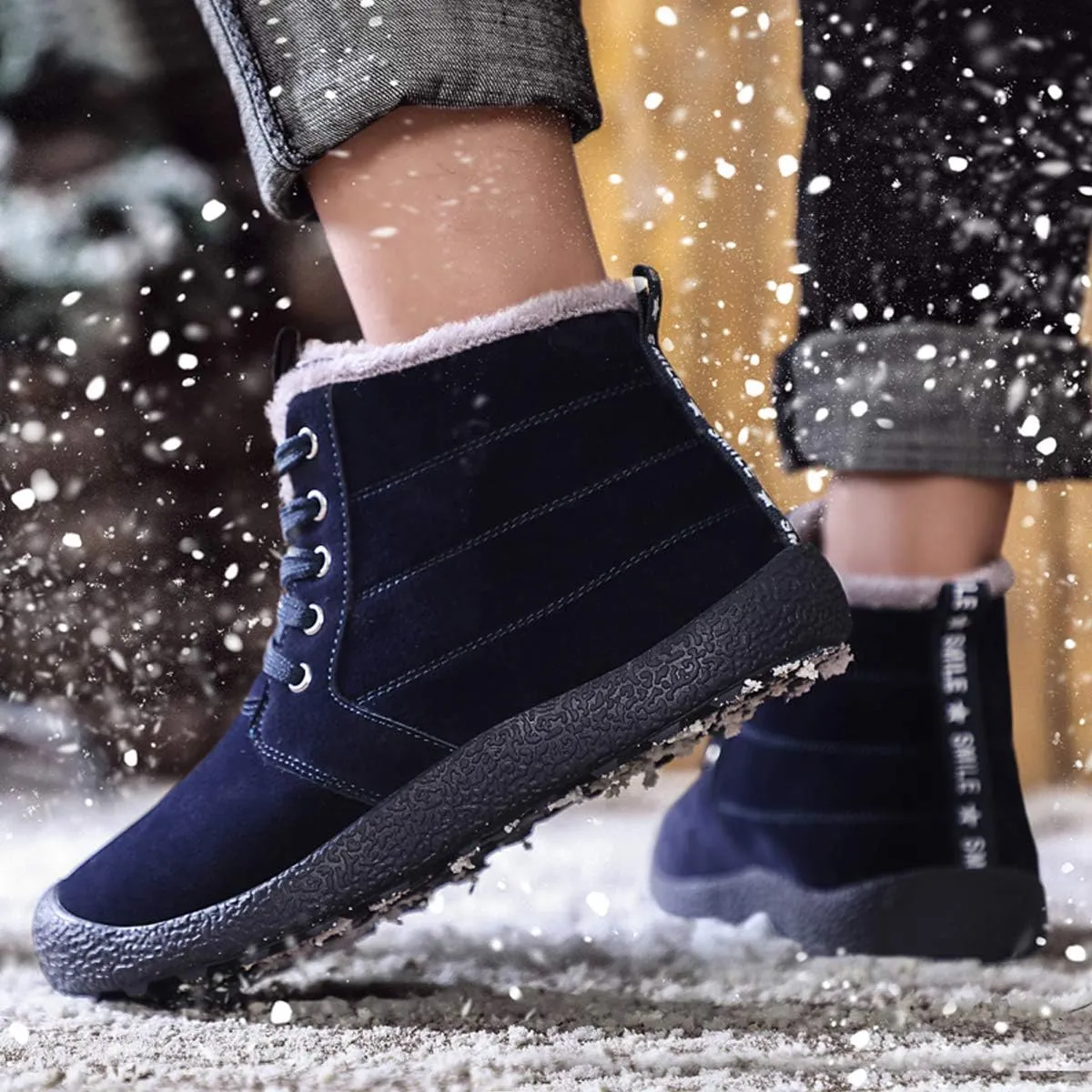 Mens Winter Snow Boots Fur Lined Warm Ankle Booties Waterproof Slip-on Sneakers Lightweight High Top Outdoor Shoes
