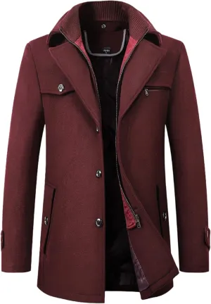 Men's Wool Blend Pea Coat Gentle Layered Collar Single Breasted Quilted Lined Jacket Winter Warm Business Coat
