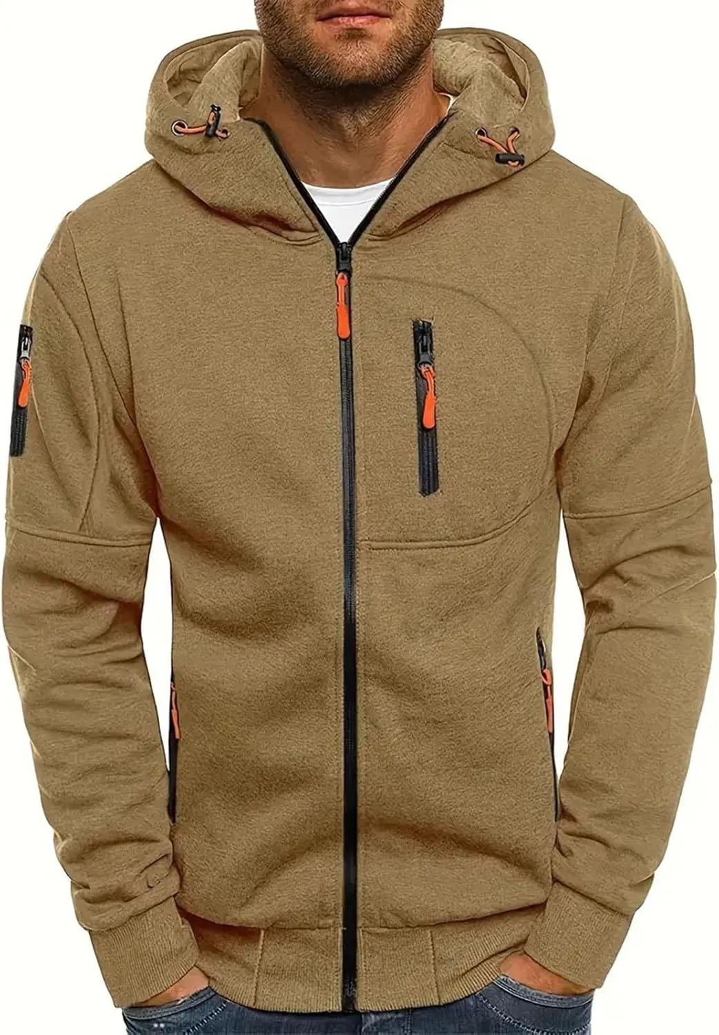 Mens Zip Up Hoodie Jacket Front Zip Pocket Long Sleeve Slim-fit Fall Lightweight Hooded Sweatshirt