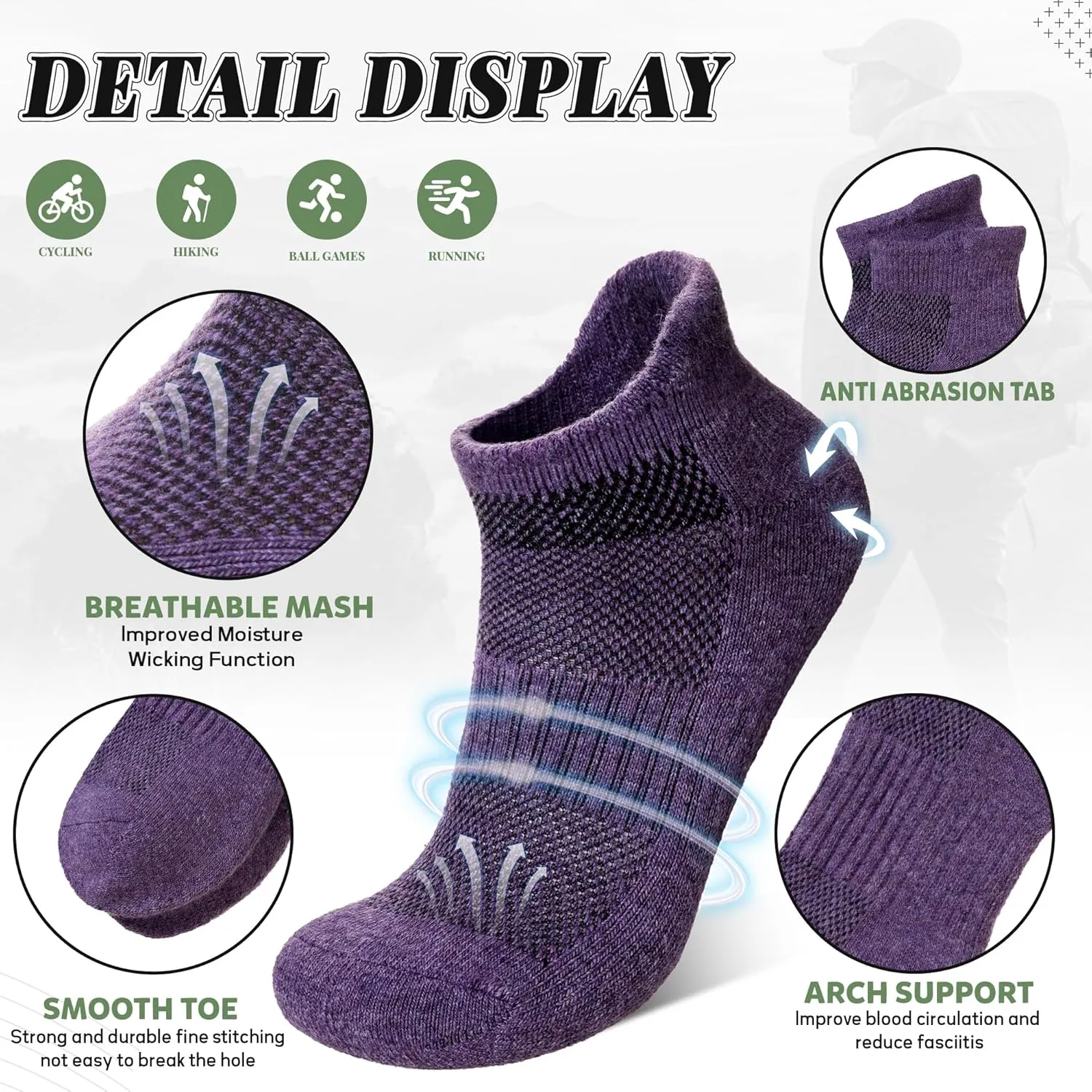 Merino Wool Ankle Hiking Socks For Men & Women No Show Running Athletic Support Thick Cushioned Breathable Socks 6 Pairs