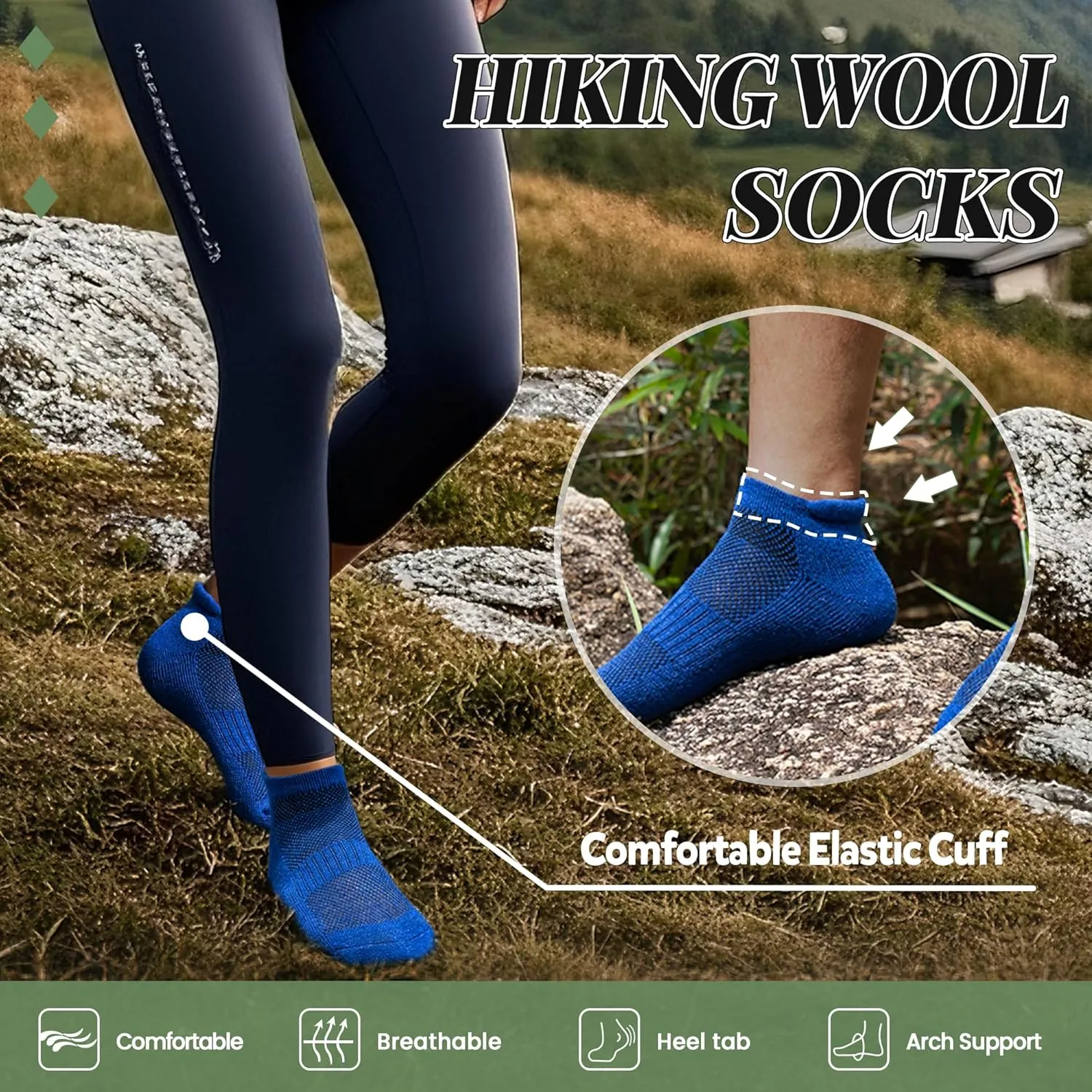 Merino Wool Ankle Hiking Socks For Men & Women No Show Running Athletic Support Thick Cushioned Breathable Socks 6 Pairs