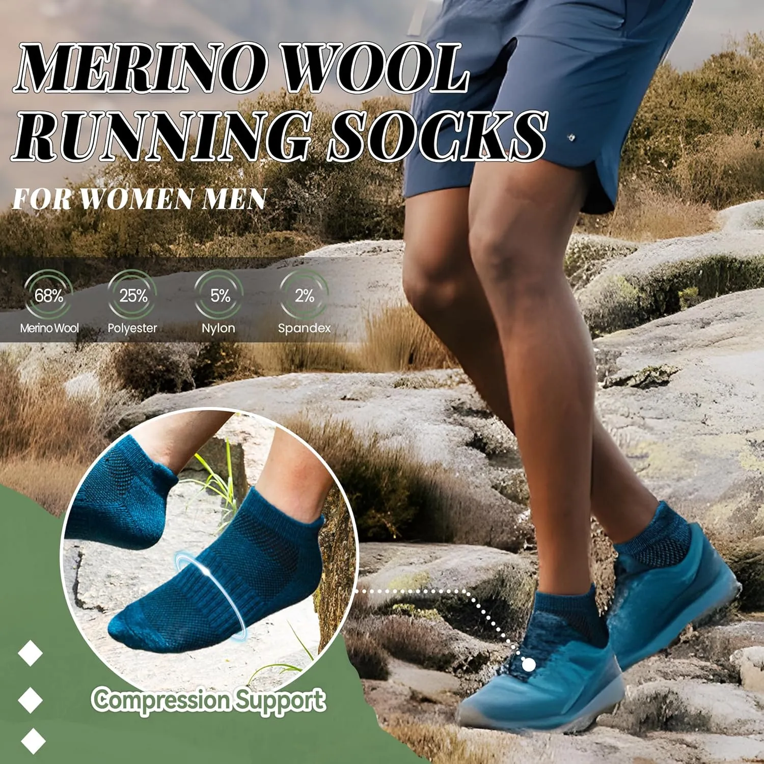 Merino Wool Ankle Hiking Socks For Men & Women No Show Running Athletic Support Thick Cushioned Breathable Socks 6 Pairs