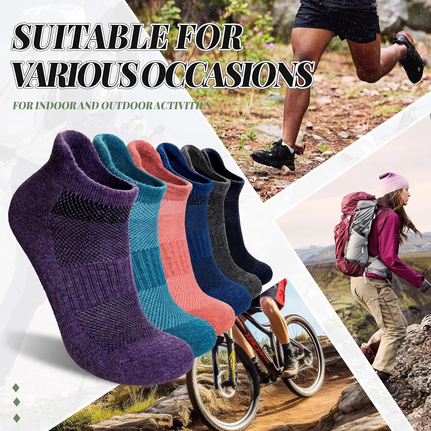 Merino Wool Ankle Hiking Socks For Men & Women No Show Running Athletic Support Thick Cushioned Breathable Socks 6 Pairs